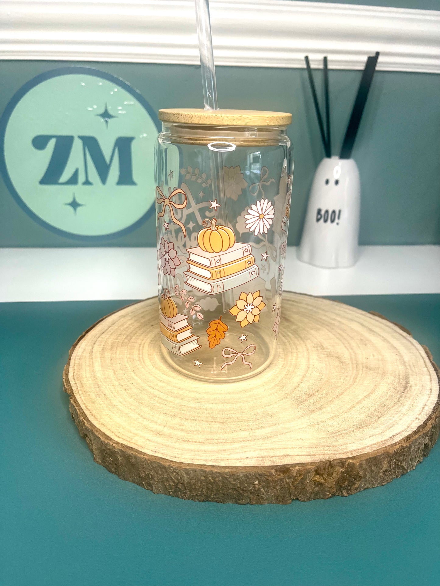 All Booked for Fall 16oz Glass Can with Bamboo Lid and Straw