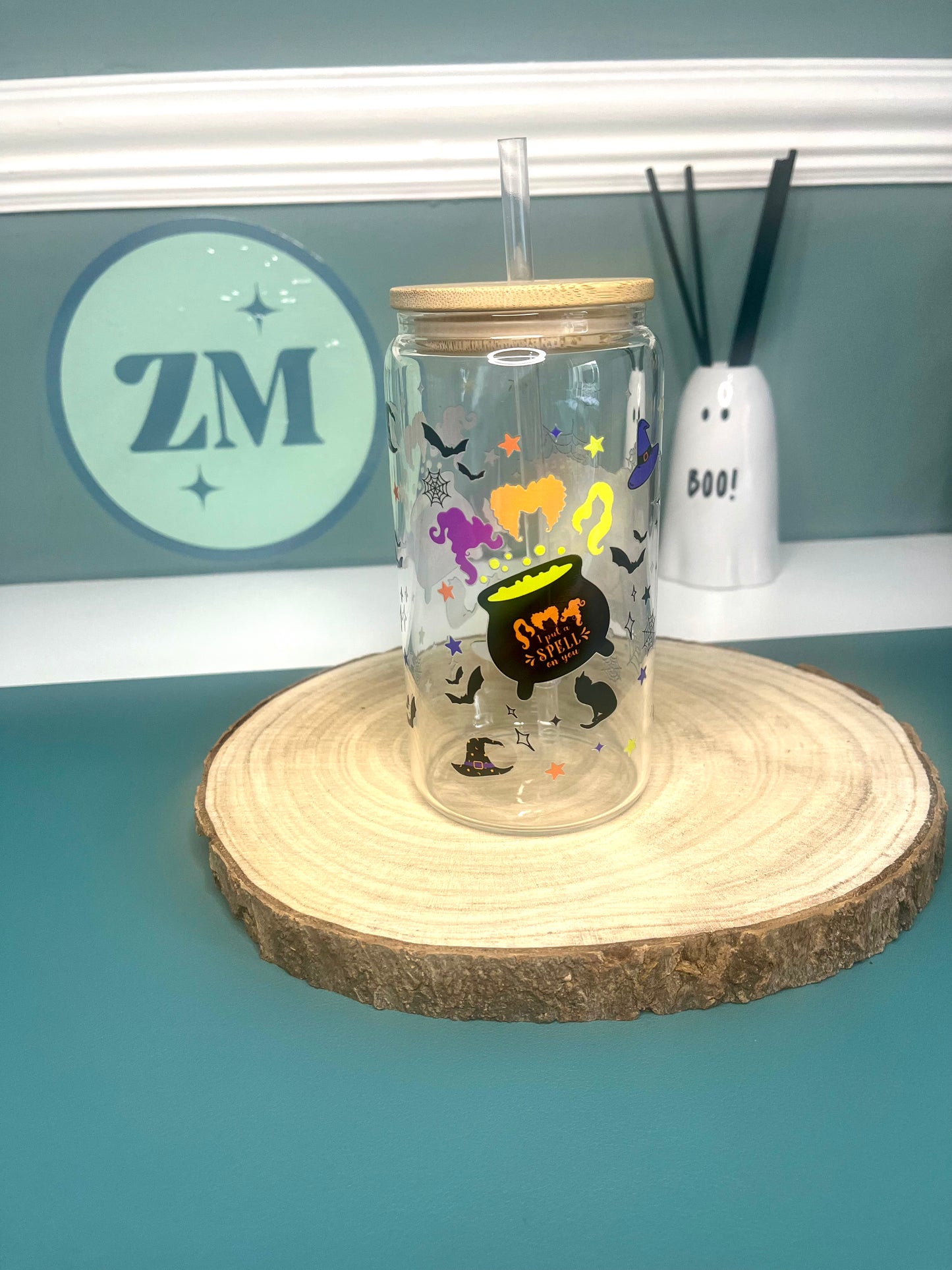 Hocus Pocus 16oz Glass Can with Bamboo Lid and Straw