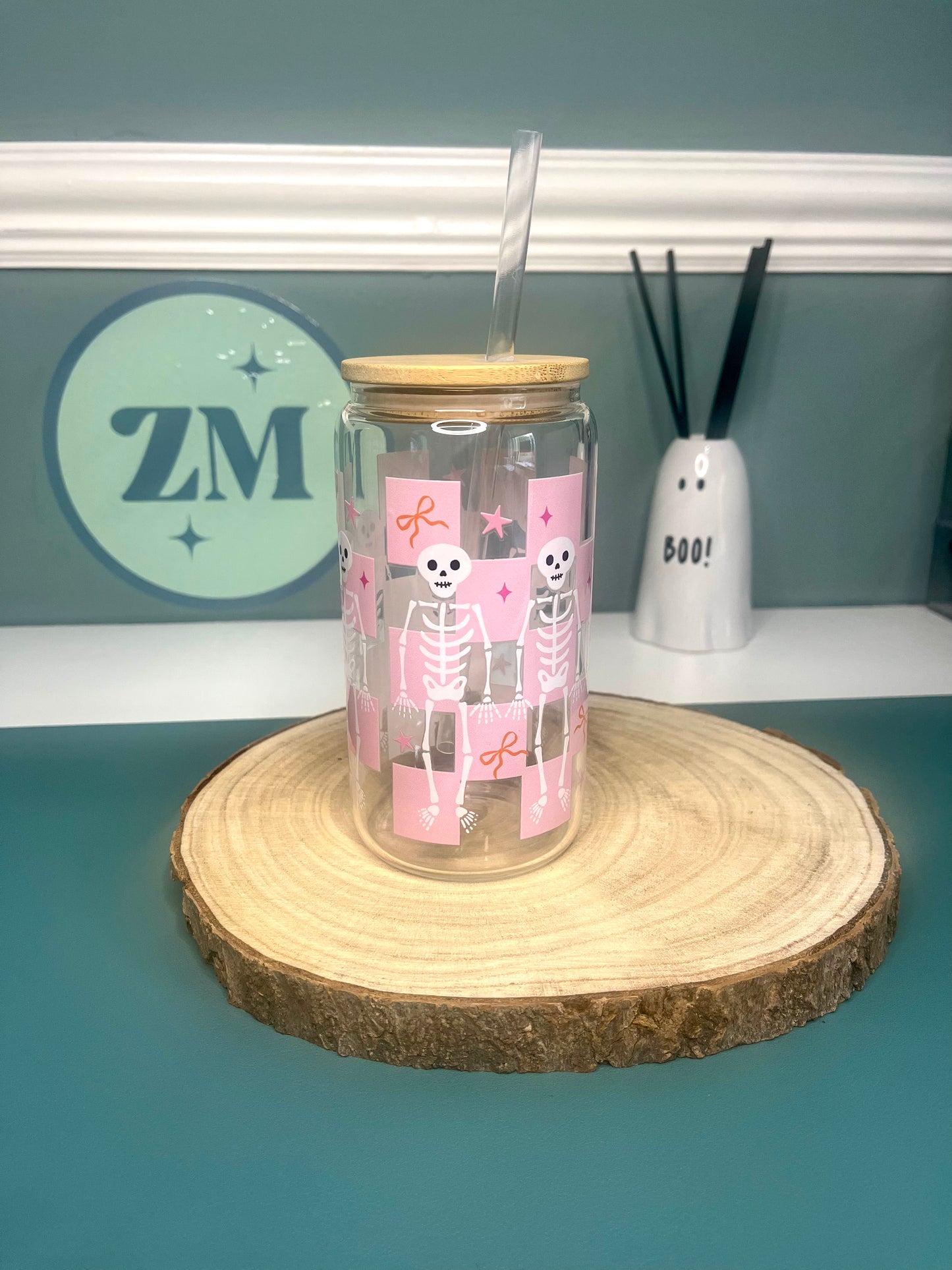 Bow Skeleton 16oz Glass Can with Bamboo Lid and Straw