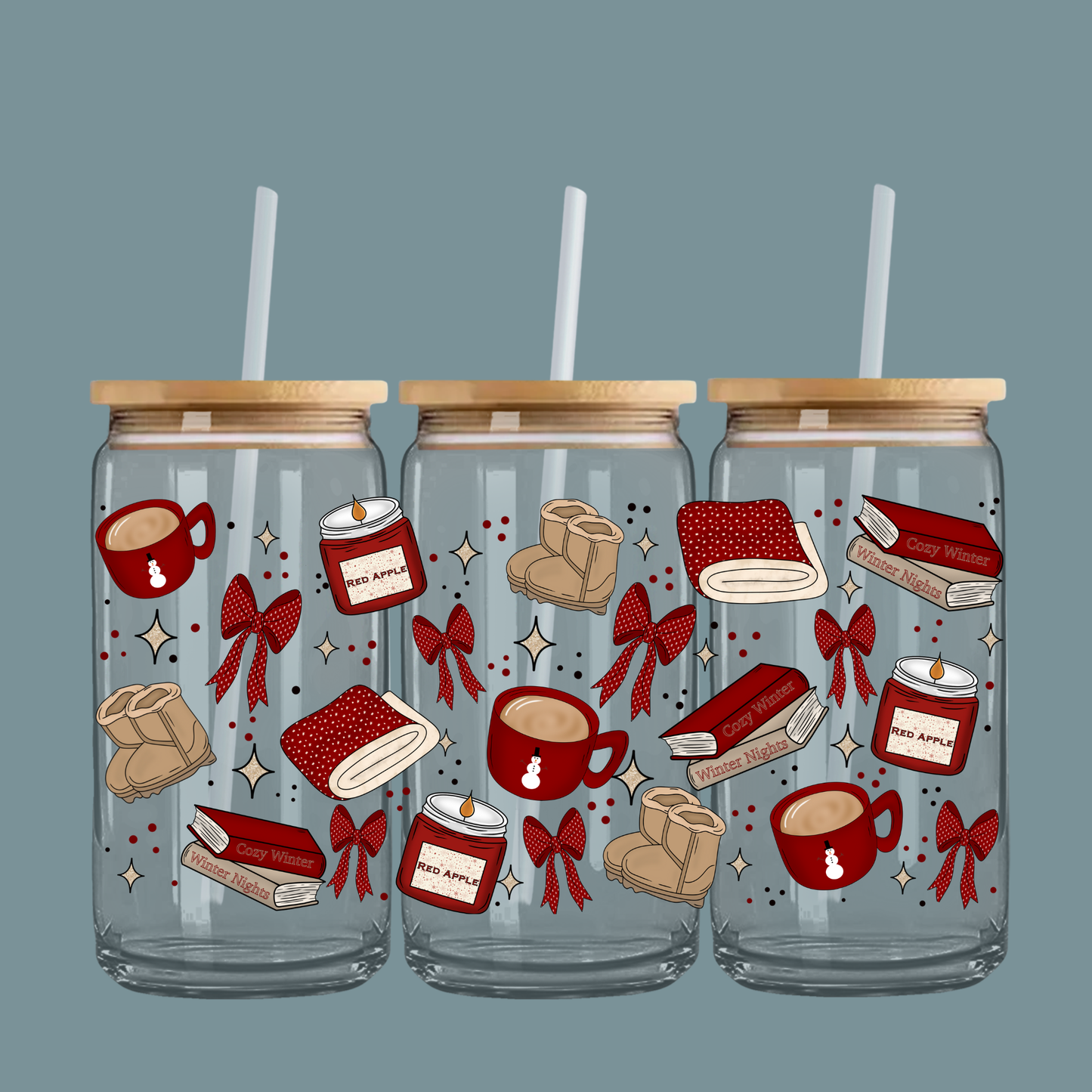 Bookish Winter Nights 16oz Glass Can With Bamboo Lid & Straw