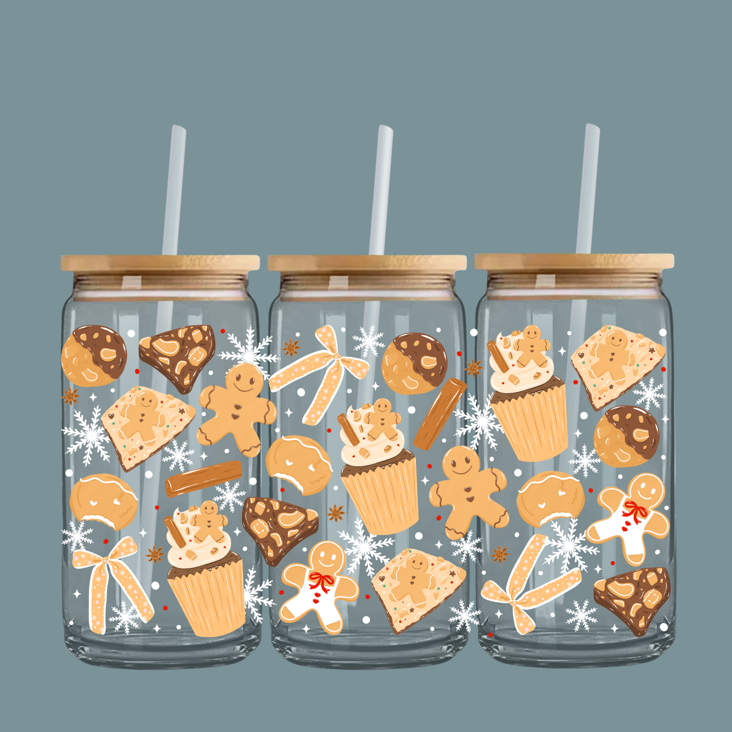 Gingerbread 16oz Glass Can With Bamboo Lid & Straw