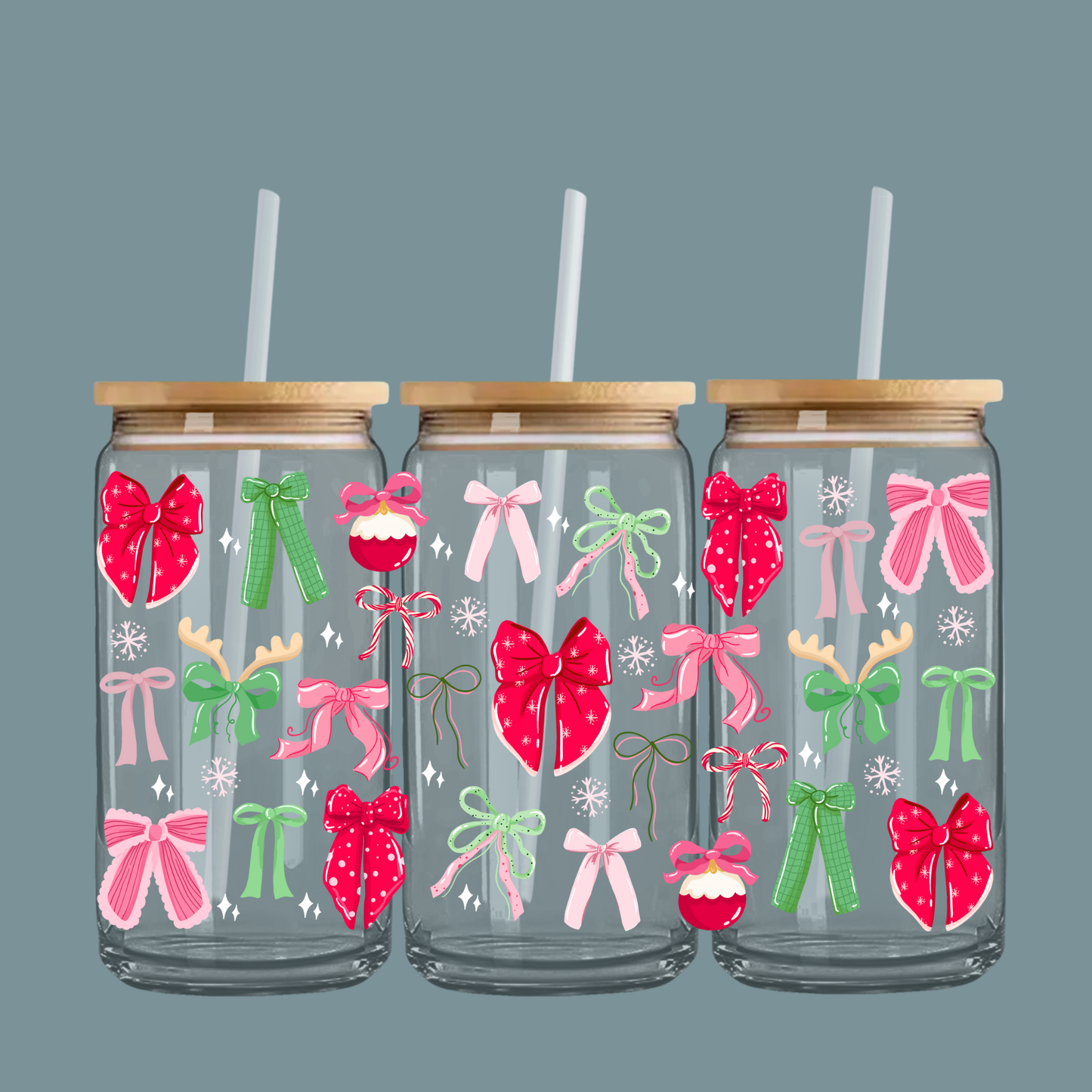 Xmas Bows 16oz Glass Can With Bamboo Lid & Straw