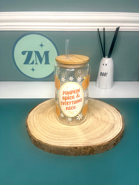 Pumpkin Spice & Everything Nice 16oz Glass Can with Bamboo Lid and Straw