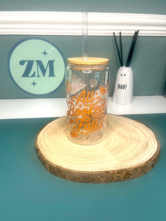 All Booked for Fall 16oz Glass Can with Bamboo Lid and Straw