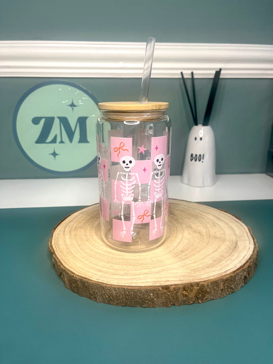 Bow Skeleton 16oz Glass Can with Bamboo Lid and Straw
