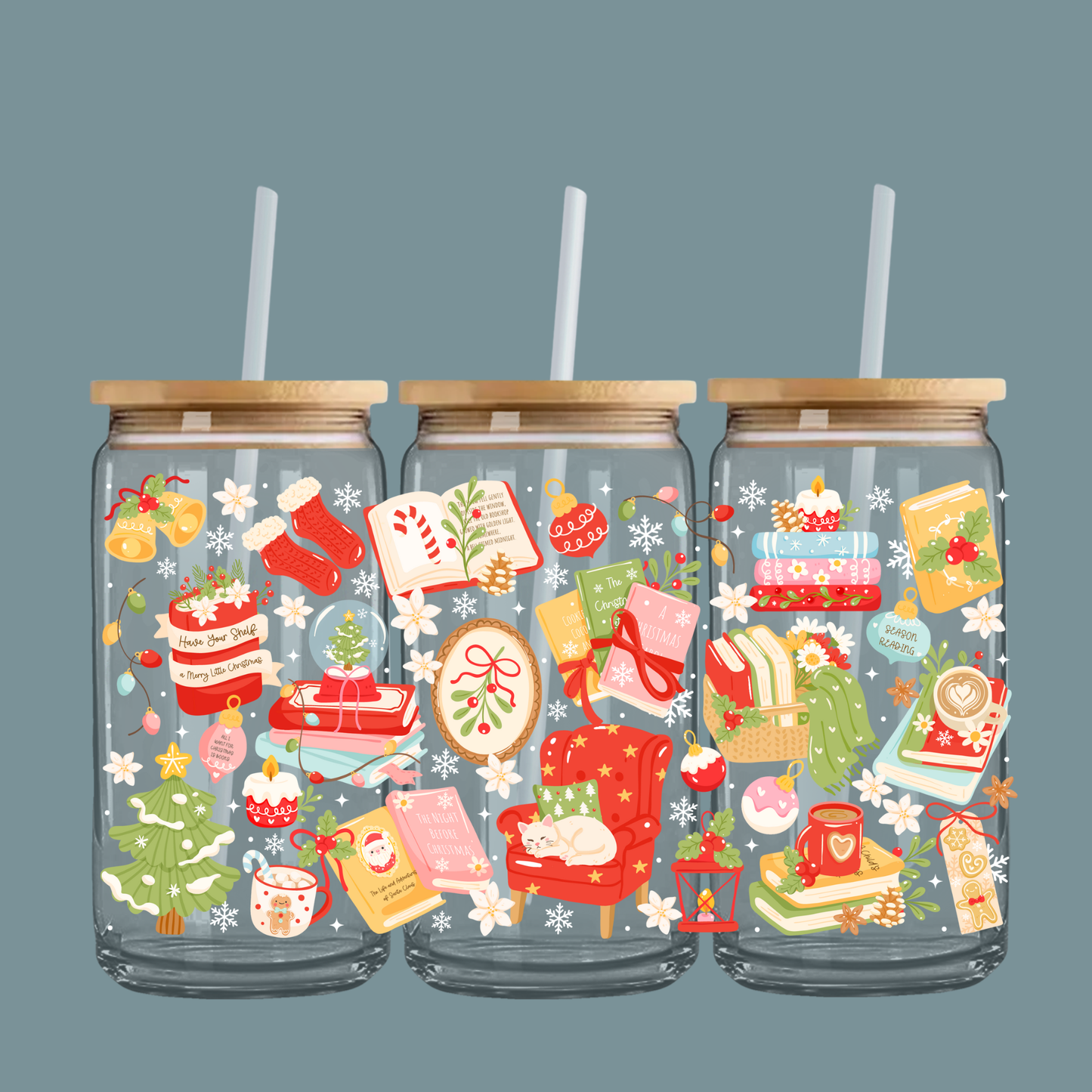 Xmas Bookish 16oz Glass Can With Bamboo Lid & Straw