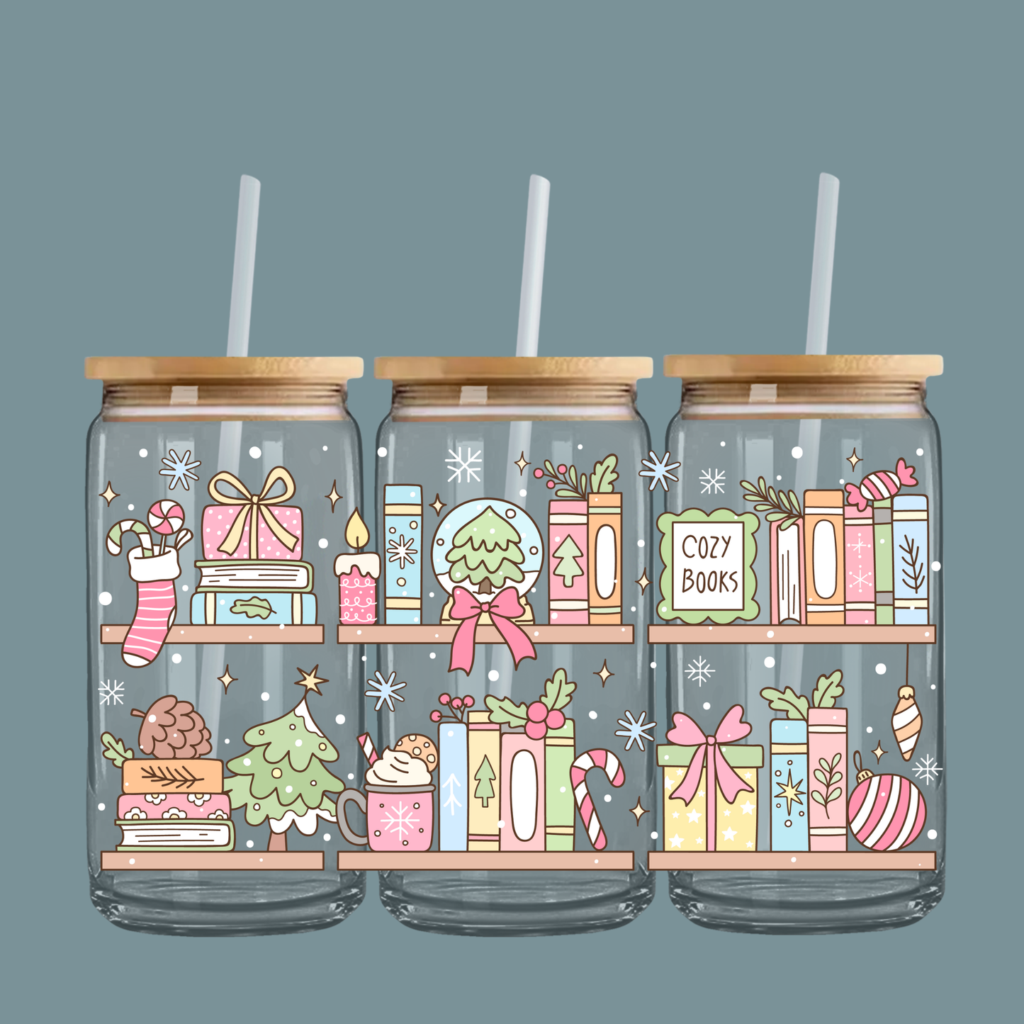 Book Shelf 16oz Glass Can With Bamboo Lid & Straw