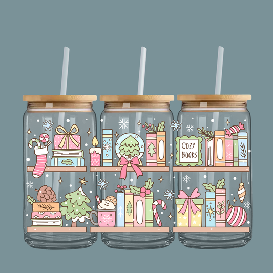 Book Shelf 16oz Glass Can With Bamboo Lid & Straw