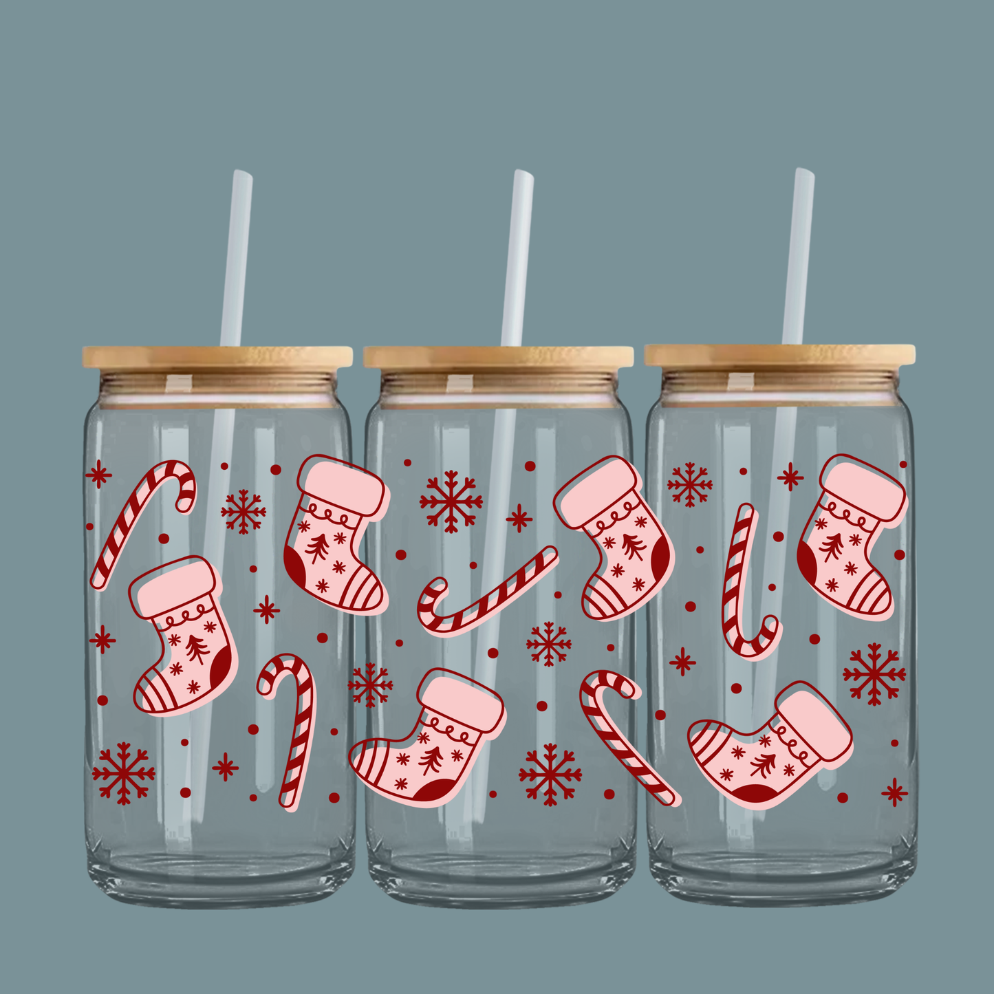 Candy Cane Lane 16oz Glass Can With Bamboo Lid & Straw