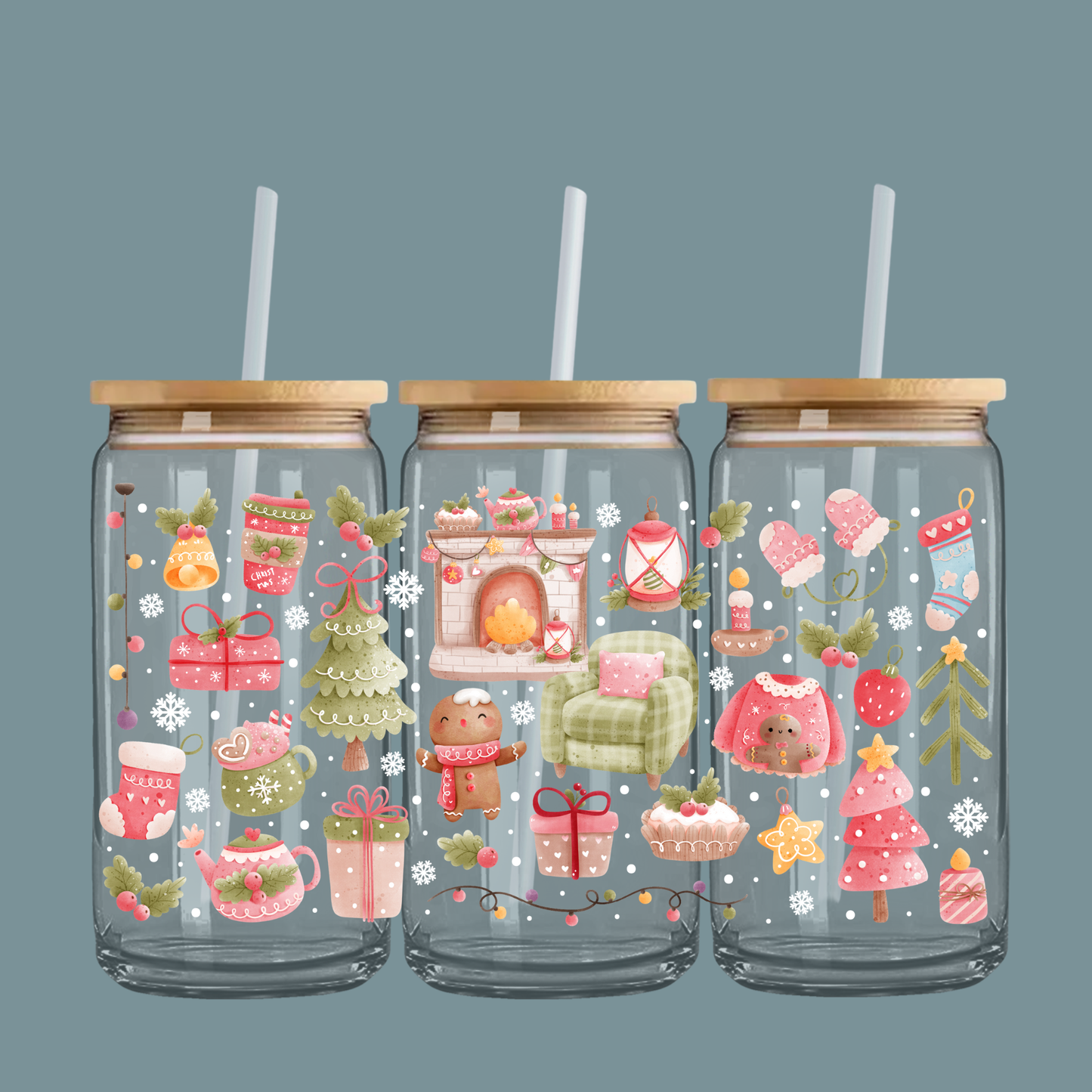 Cozy Christmas 16oz Glass Can With Bamboo Lid & Straw