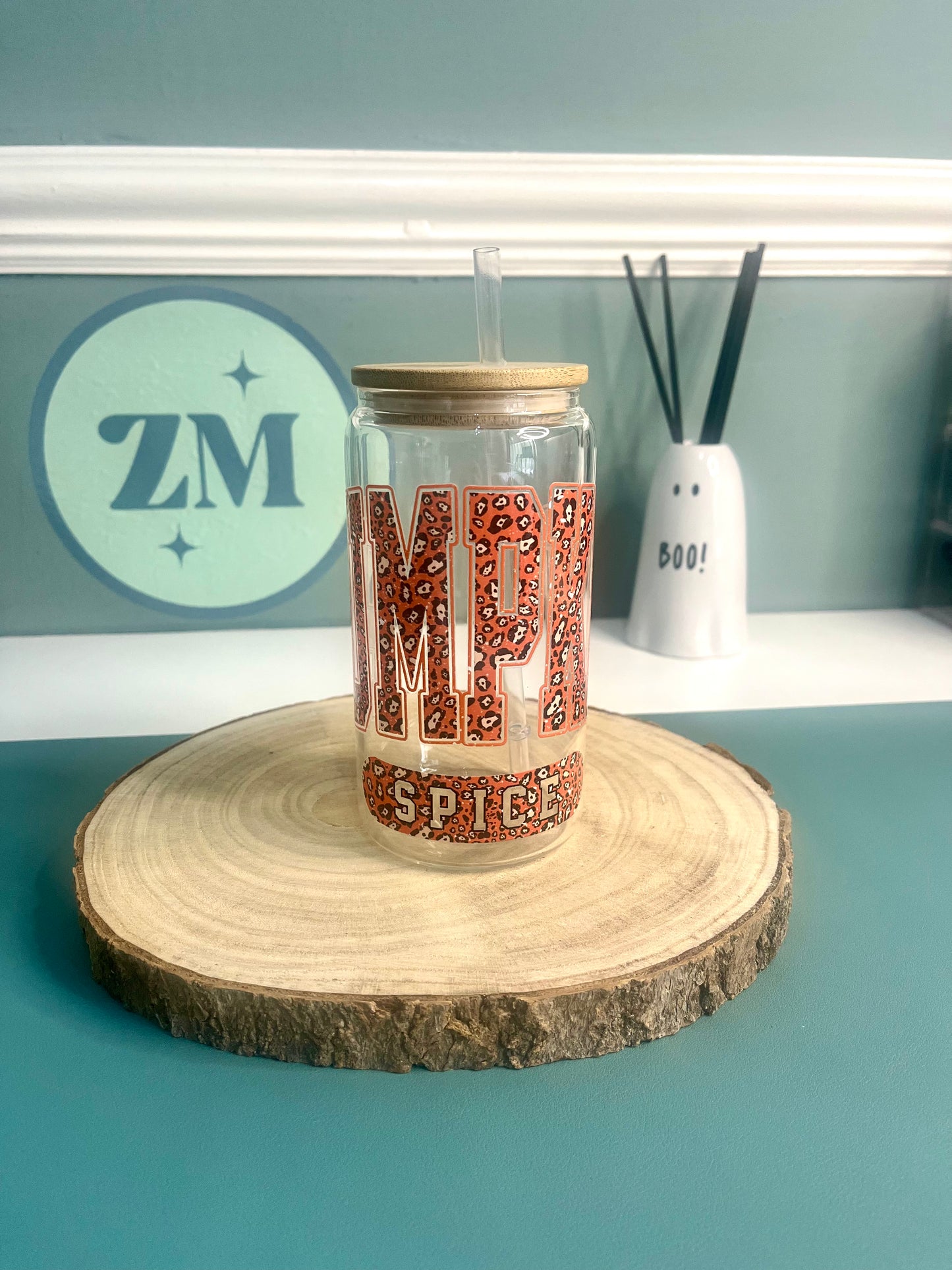 Pumpkin Spice 16oz Glass Can with bamboo Lid and Straw
