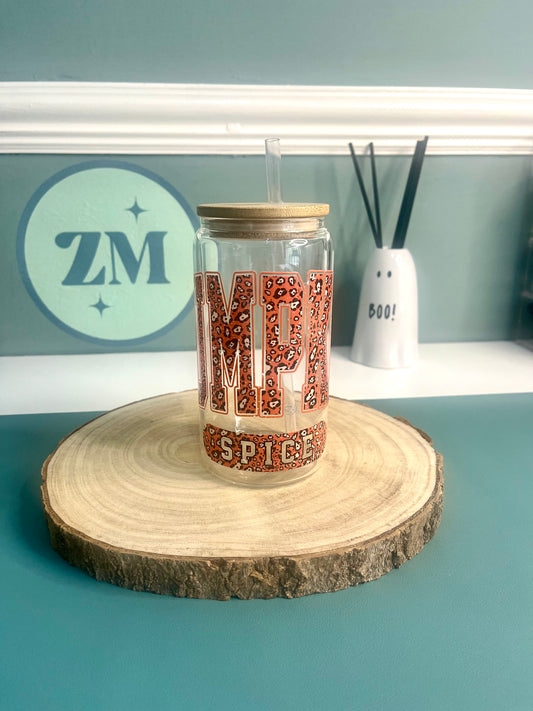Pumpkin Spice 16oz Glass Can with bamboo Lid and Straw